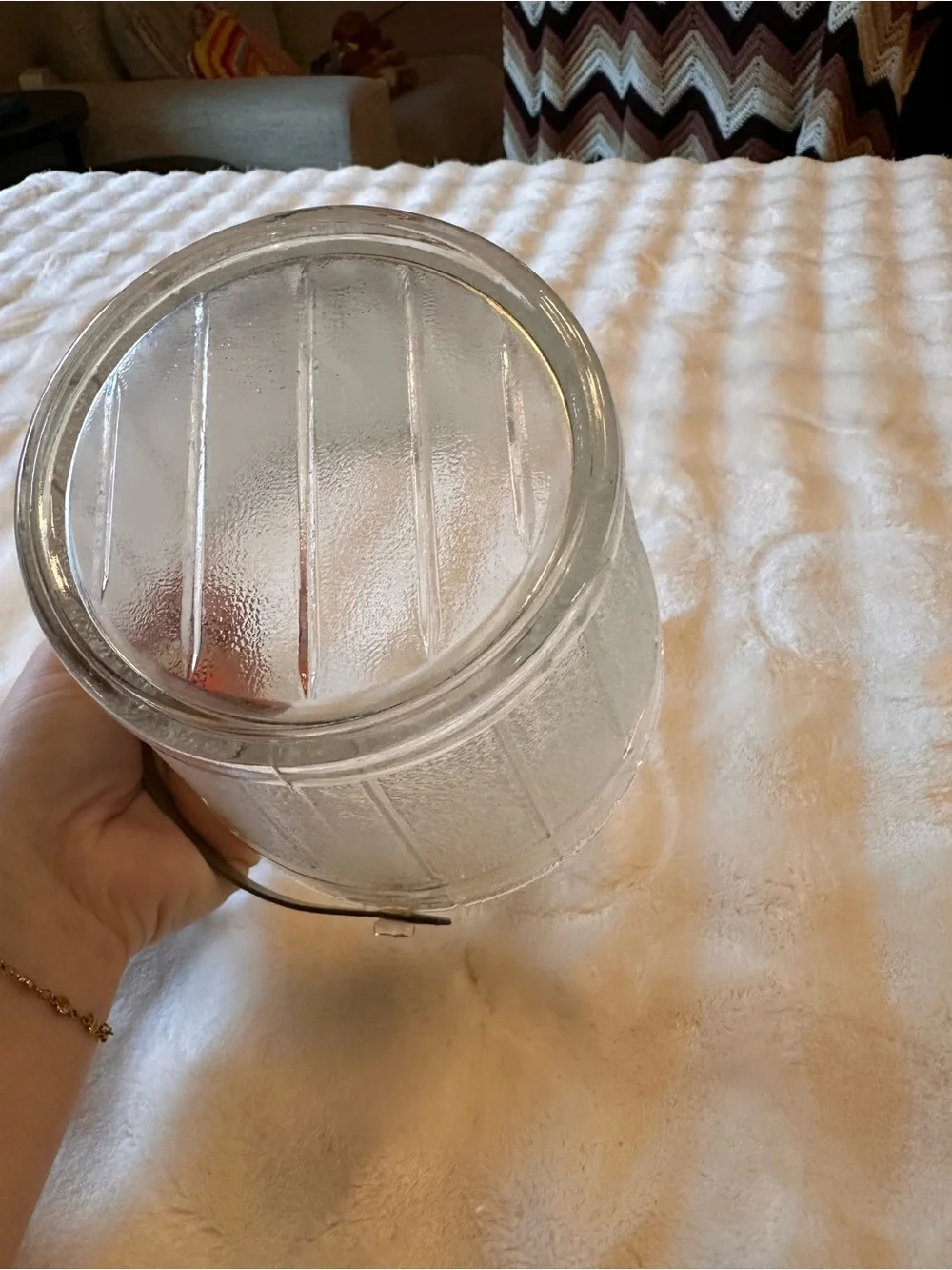 Vintage Textured Glass Ice Bucket with Metal Handle & Tongs